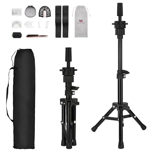 AIMEI Wig Stand Tripod Mannequin Head Stand, Adjustable 360° Rotation Wig Tripod Stand with Practice Tools for Cosmetology Hairdressing Training (14.25-24.8 Inch)