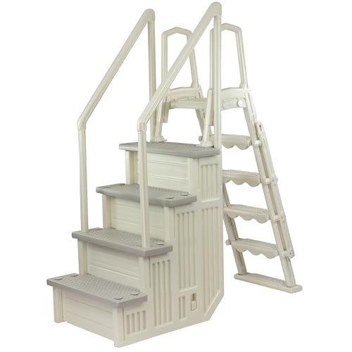Aqua Select Everest in Pool Step and Outside Flip Up Entry System - Pearl White w-Cloud Gray Treads - Above Ground Swimming Pools - Wide Steps Add Stability - Safety Stairs Capacity Up to 350 lbs
