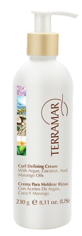 Terramar Curl Defining Cream with Argan, Coconut, and Marango Oils, Natural Hair Styling Product, White, 8.11 oz, Protein-Based Complex for Frizz Control