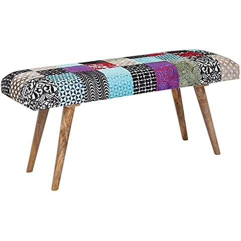 FineBuy Sitzbank Samt/Massivholz Bank Bunt 117x51x38 cm Bettbank Patchwork Cover
