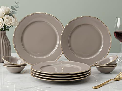 Image of Bodhi House 12-Piece Gold Rim Porcelain Dinner Set | Plates & Bowls Set | Lightweight, Chip Resistant, | Dishwasher Safe | Ideal for Home Dining & Gifting Set | Thunder Grey