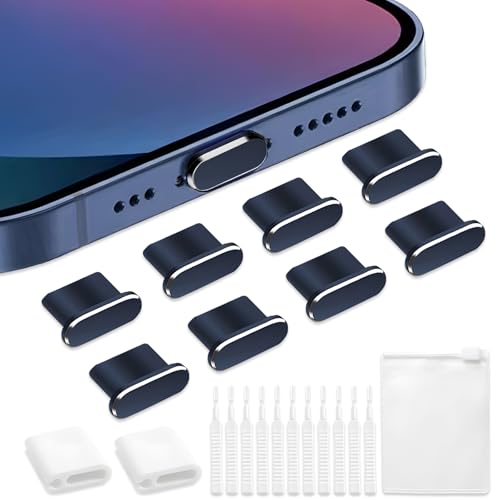 VEINARDYL 8 tapones antipolvo para iPhone, tapa protectora de puerto de carga USB C con 10 cepillos de limpieza, enchufe de auriculares compatible con iPhone 15/16 Plus Pro Max iPad 10ª, azul oscuro