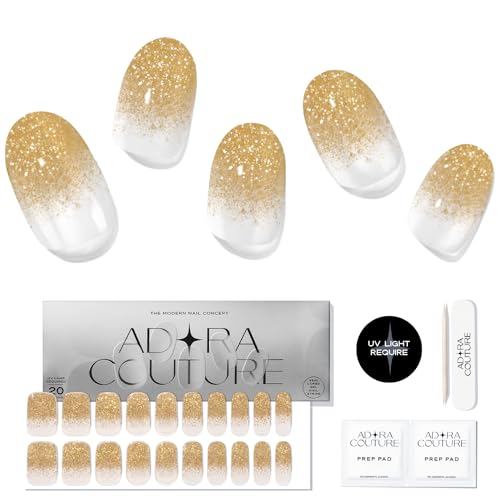 ADORA COUTURE Semi Cured Strips Kit - 20pcs Stickers with Light Required - Holiday Gold Glitter Wraps - Stickers for Manicure with Light Required (Golden Eclipse)
