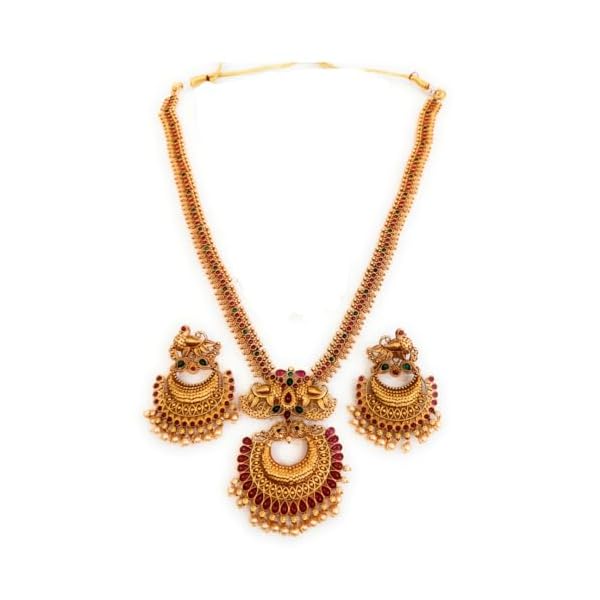 Adyashree Emporium Laxmi Long Design pattern Ruby & Emerald, pearl based Gold plated south Indian Wedding Traditional temple jewellery set. Latest fashion Jewellery for Girls & Women.