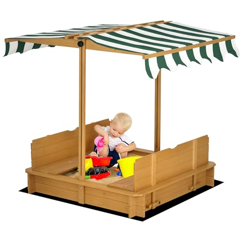 Outsunny Wooden Sandbox with Lid, Kids Sandbox with Canopy Outdoor, Sand Box with Foldable Bench Seats and Sand Protection, Bottom Liner Included, Kids Gift for Aged 3-7, 47X47 in, Brown