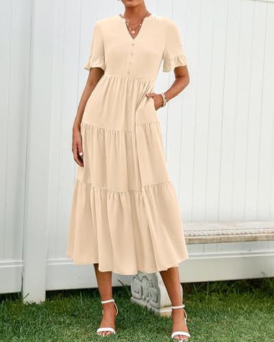 Image of BTFBM Summer Dresses for Women 2025 Vacation V Neck Loose Short Sleeve A Line Tiered Flowy Casual Midi Beach Dress