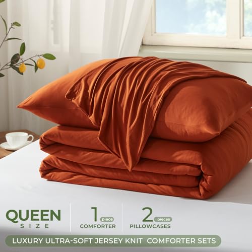 Image of Queen Comforter Set, Comforters Queen Size Luxury Ultra-Soft Jersey Knit Bedding Sets, Umber Lightweight Down Alternative Bed Comforte Queen for All Season, 3 Piece Bedding Setrey