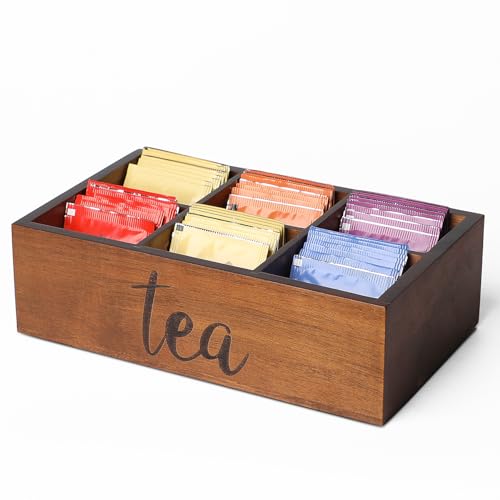 LBEMEY Tea Bag Organizer,Acacia Wood Tea Storage Containers with 6