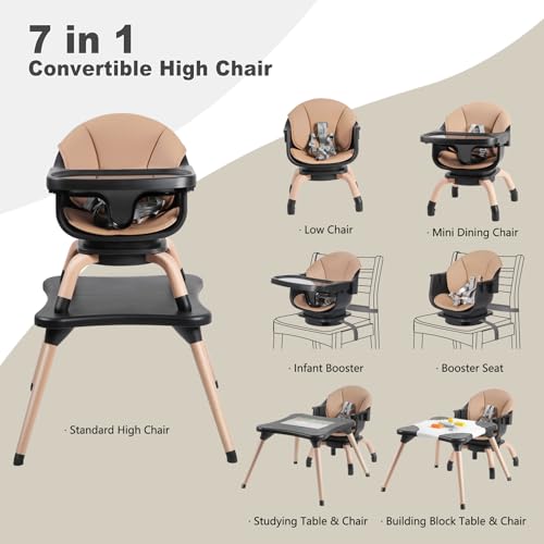 Image of Baby High Chair, 7 in 1 Convertible High Chairs for Babies and Toddlers, Kids Learning Table, Building Block Table, Toddler Dining Chair with 360 Rotating Seat, 5-Point Safety Harness (Black)