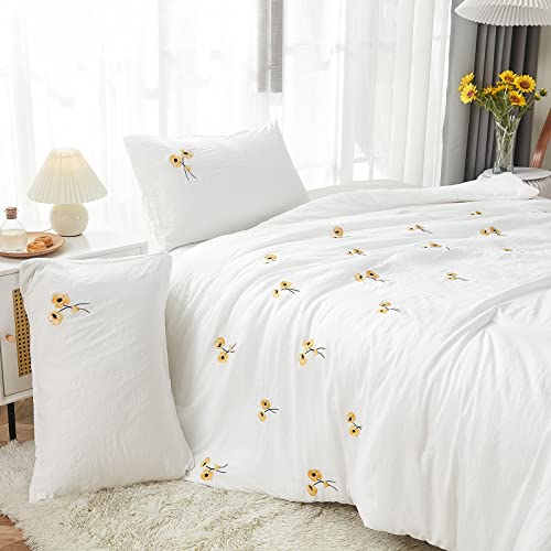 Bedbay Yellow Floral Comforter Set Embroidered Bedding Boho Chic Pretty Embroidery Flowers Pattern White Farmhouse Bedding 3 Pcs Comforter Set For Girls Boys Teen (Yellow,Twin) #TOP5