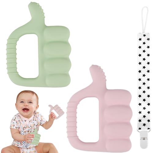 Image of Fu Store Textured Thumb Up Silicone Teether 2 Pack-Sensory Exploration and Teething Relief with Easy to Hold Handle, Cute Infant Shower Gift Chew Toy for Babies (Pink & Green)