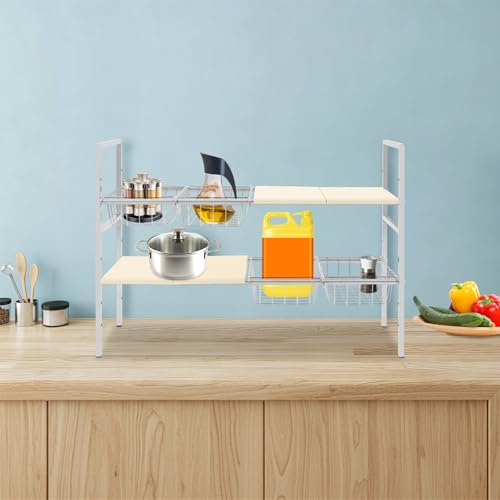 Organizador Bajo Fregadero 2 Niveles Ajustable 20.9-34.6 Pulgadas, Estante de Acero Inoxidable con 4 Canastas, Blanco Crema miniatura 6