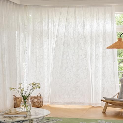 CHEFRU White Pinch Pleated Lace Flower Window Sheer Curtains 96 Inches Long 2 Panels, Gently Filter Light See Through Semi Sheer Window Panels Drapes, 52" W x 96" L x2
