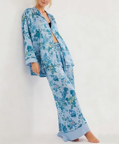 Image of Women Satin Pajama Set Floral Silk Pajamas 2 Piece Lounge Sets Button Down Shirts Wide Leg Pants Pjs Sleepwear