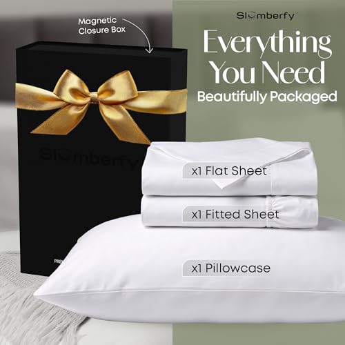 Image of Slumberfy 3-Piece 400 TC Viscose Derived from Bamboo Sheets, Twin Size - 1 Fitted, 1 Flat, 1 Pillow Case - Deep Pocket Cooling Viscose-Bamboo Bed Sheets in Magnetic Closure Gift Box, White