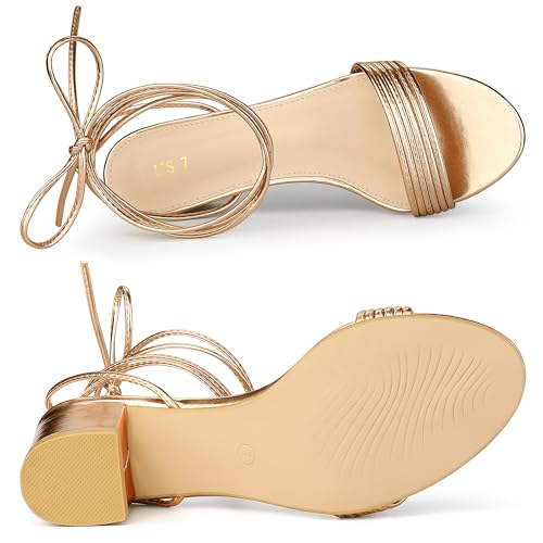 Allegra K Allegra K Women's Sparkle Strappy Metallic Rose Gold Lace Up Block Heels Sandals 6.5 M US