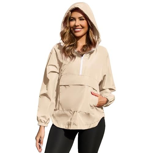 PESION Womens Packable Waterproof Raincoat Lightweight Rain Jacket, Running Cycling Hiking Windbreaker Pullover Jackets Khaki Large