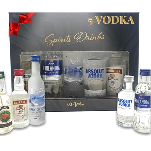 Kit Mini Vodka | Caja Regalo con 5 Mini Botellas: GreyGoose, Finlandia, Smirnoff, Absolut y Zumbrowka | Perfecto como Regalo Original | Pack Vodka 5 x 5cl