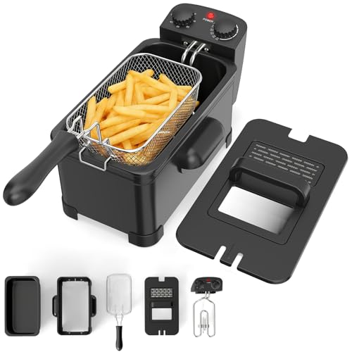COSTWAY 3L/5L Deep Fat Fryer, 2000W Electric Deep Fryer with 1/3 Removable Basket, Viewing Window, Adjustable Temperature & Cool-Touch Handle, Easy Clean Frying Machine for Chips Chicken (3L,1 Basket)