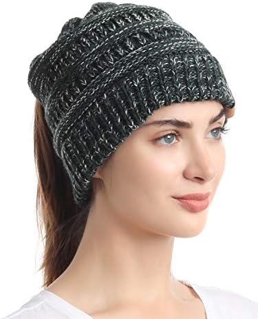 soul young Ponytail Messy Bun Beanie Tail Knit Hole Soft Stretch Cable Winter Hat for Women