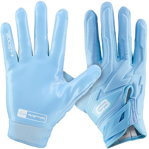 Grip Boost Football Gloves Raptor 2.0 Padded Receiver Gloves with Boost Plus Grip Technology (Carolina/Carolina/White, Small)