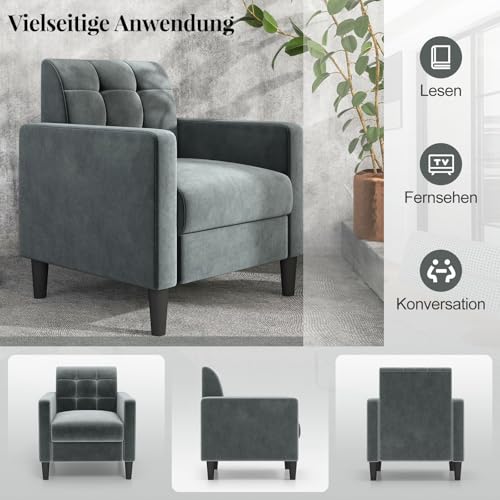 COSTWAY Relaxsessel modern, Fernsehsessel aus Samt im Mid-Century-Stil, gepolsterter Sessel mit getufteter Rückenlehne, Armlehnen & Holzbeine für Wohnzimmer Heimbüro Schlafzimmer (grau) – Bild 8