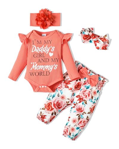 Image of SUNNY PIGGY Newborn Infant Baby Girl Clothes Outfits Ruffle Romper Floral 4Pcs Pants Sets Toddler Girls Clothing Set