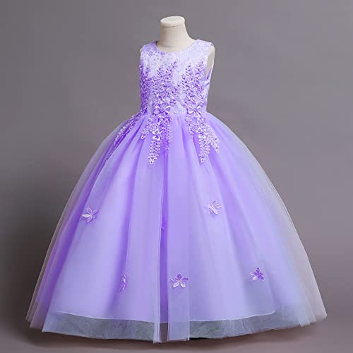 Flower Girl Lace Dress For Kids Wedding Bridesmaid Pageant Party Formal Long Maxi Gown Big Little Princess First Communion Birthday Prom Beaded Butterfly Tulle Dresses Purple - Flower 6-7 Years #TOP4