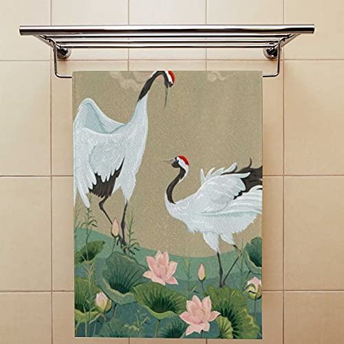 Hand Towels Face Towels Set Of 2 Japanese Cranes Lotuses Asian Oriental Style Soft Comfortable Polyester Microfiber Fast Water Absorbent Towels For Bathroom Kitchen 30X15 Inch #TOP3