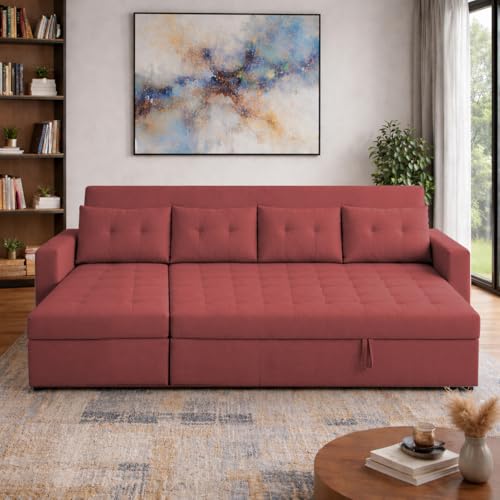 Image of Emilio 6 Seater LHS L - Shape Pull-Out Sofa Cum Bed Sofa for Living Room (Maroon Fabric Color) Premium Fabric Sofa Set for Living Room Sofa Cum Bed