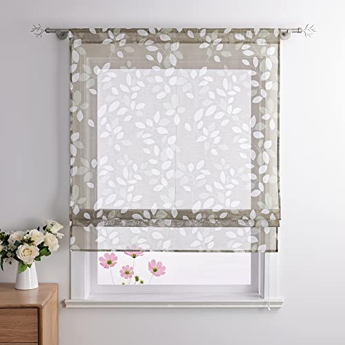 Joyswahl Dolly Raffrollo mit Blätter Muster transparente Raffgardine mit Stangendurchzug, Bändchenrollo Küchen Gardinen BxH 120x140cm Grau 1 Stück