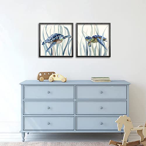 Sycdeor Sea Turtle Framed Wall Art Print - Turtle Across Seagrass Print Artwork For Bathroom Bedroom Kids Room Decor (Black 12"X12") #TOP5