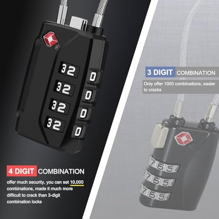 Diyife TSA Luggage Locks, [Upgrade Version][2 Pack] TSA Approved Suitcase Lock 4-Digit Re-settable Combination Lock, Cable Backpack Locks, Code Lock for Travel Suitcase Luggage Bag Lockers (Black)