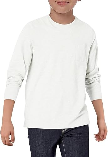 Image of Haloumoning Boys' Long-Sleeved Shirts Kids Crew Neck T-Shirt Plain Sports Tops Casual Basic Tees with Chest Pocket 5-14 Years, White, 5-6 Years