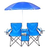 VINGLI Beach Chair with Umbrella for Adults, Double Camping Chair with Canopy & Cooler Fold-Up Table, Carrying Bag, Folding Chair for Outdoor (Blue)