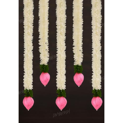 Image of Divyakosh Garlands for Home Decoration, Lotus Hangings (Pack of 5 Latkan, Size 14 Inch Each) | Offwhite Fabric & Solawood Lotus Buds | Flower Garlands for Home Decoration |