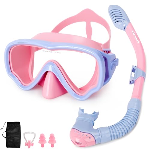 Set de Snorkel para Niños de 6 a 14 Años, Máscara Anti-Vaho con Tubo Seco, Lente Panorámico de Vidrio Templado, Falda de Silicona, Bolsa de Malla – Equipo de Snorkeling para Niños y Niñas