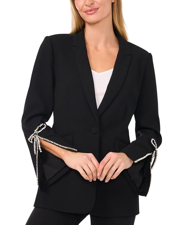 CeCe Womens Rhinestone Bow Sleeve One-Button Blazer Rich Black 2