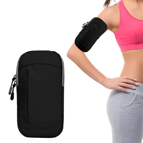 Running Phone Holder Armband with Zipper Pockets, Water Resistant Universal Exercise Double Pocket Arm Phone Holder Fits All Devices Up To 6.7”, Running Accessories for Adult Women & Men (Black)
