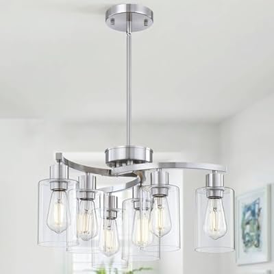6-Light Modern Chandelier, Brushed Nickel Dining Room Light Fixture, Farmhouse Industrial Chandelier Hanging Over Table, Height Adjustable Pendant Lighting for Kitchen Island Foyer, Clear Glass Shade