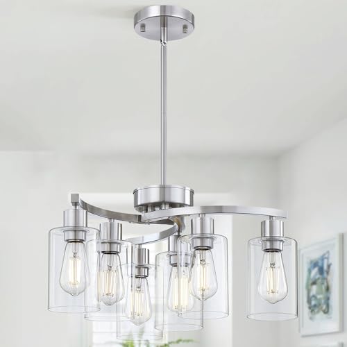 6-Light Modern Chandelier, Brushed Nickel Dining Room Light Fixture, Farmhouse Industrial Chandelier Hanging Over Table, Height Adjustable Pendant Lighting for Kitchen Island Foyer, Clear Glass Shade by CNOIJUTS - Used condition - US$55.67