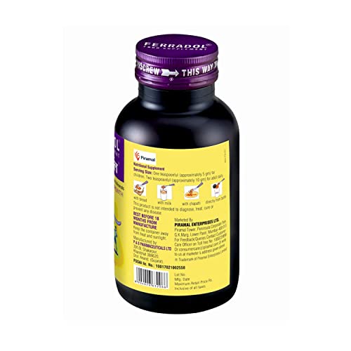 Image of Ferradol syrup Pack of 450gm, daily health supplement with Iron, vitamins A, B1, B2, B3 and D3, Calcium, Zinc, helps maintain haemoglobin and supports immunity