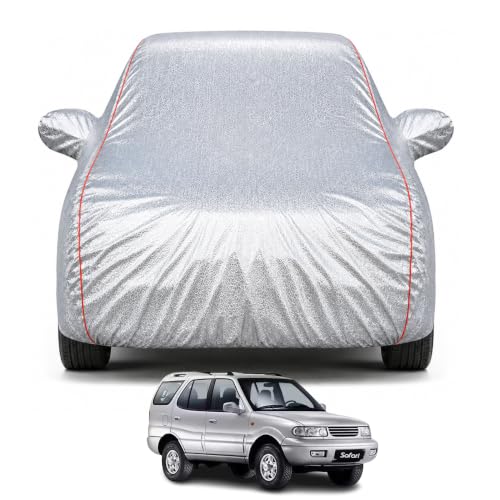 Image of Premium Car Cover for Tata Safari (1998-2004) Models | 100% Waterproof, UV & Dust Protection | Mirror & Antenna Pocket | Triple Stitched, Soft Inner Lining, Belt & Buckle (Metalic Silver)