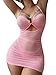 Foxiny Sexy Chain Sheer Mesh Ruched Bodycon Mini Lingerie Dress with Thong 2 Piece Set Outfits Women See Through Halter Night Gown Negligee Pink Medium