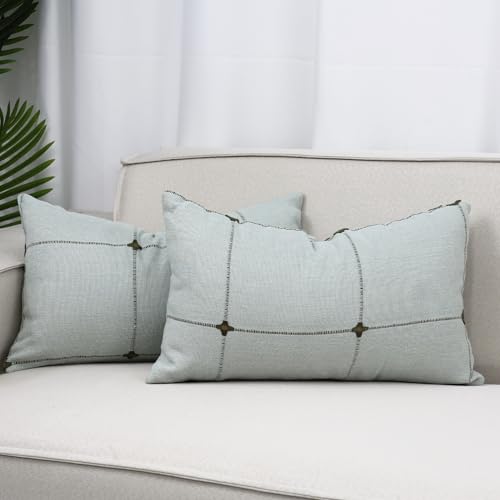 Cythasily Decorative Linen Cotton Pillow Covers Embroidery Plaid Lumbar Farmhouse Throw Pillows Cases Check Cushion Cover Sham for Couch Sofa Chair Bed Living Room Home Decor, 20×12 Inch 2 Pack Green
