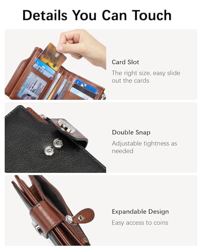 BOSTANTEN Women Leather Wallet Small RFID Blocking Bifold Zipper Pocket Wallet Card Case with ID Window Black＆Beige3