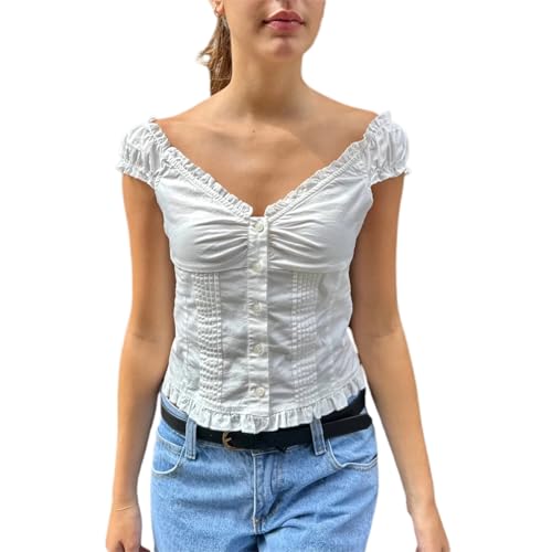 Women's Summer Button Down Crop Tops Cap Sleeve Y2k Slim Fitted Shirts Babydoll Coquette Tops Blouse