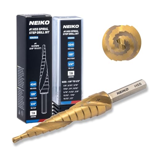 Image of NEIKO 10600A Step Drill Bit, 13 Steps 1 /8 inch to 1 /2 inch Spiral High Speed Steel, Titanium Nitride Coated, 1 /4 inch Tri Flat Step Bits for Steel, Metal, Wood, Plastic, Unibit Cone Drill Bits, Two Flute