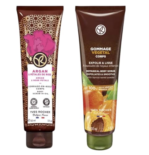 Yves Rocher Body Renewal Scrub with Apricot Kernel Powder and Argan Oil Rose Petals Exfoliating Cream for Smooth - 150 ml./5 fl.oz. Set of 2 Best Gift Kit