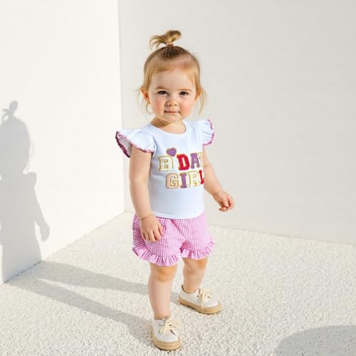 Toddler Birthday Girl Outfit Birthday Girl Letter Embroidery Flutter Sleeve Shirt Top Ruffle Plaid Short Summer Set4